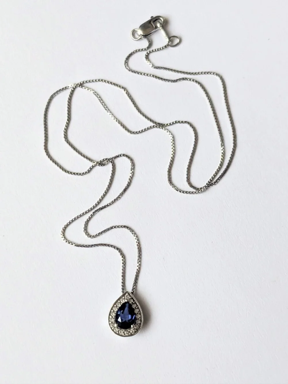 Sterling silver necklace Pear shaped lab blue white sapphire 925 JWBR KA 1772